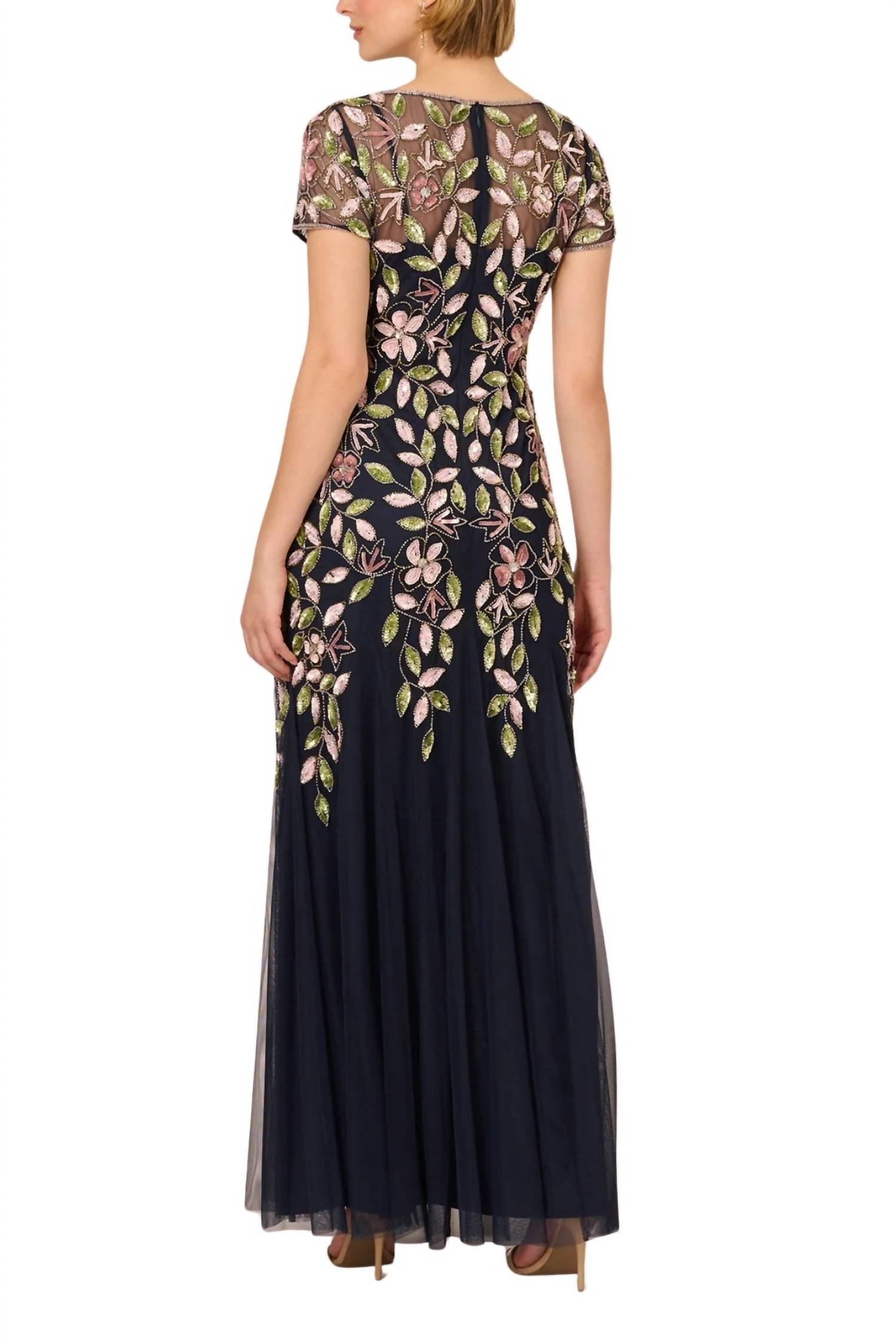 Adrianna Papell - Beaded Mesh Overlay Illusion Short Sleeves A-line Dress