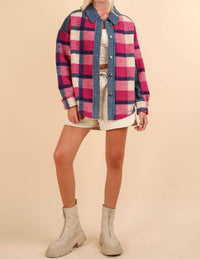 Very J - Textured Denim Contrast Plaid Shacket
