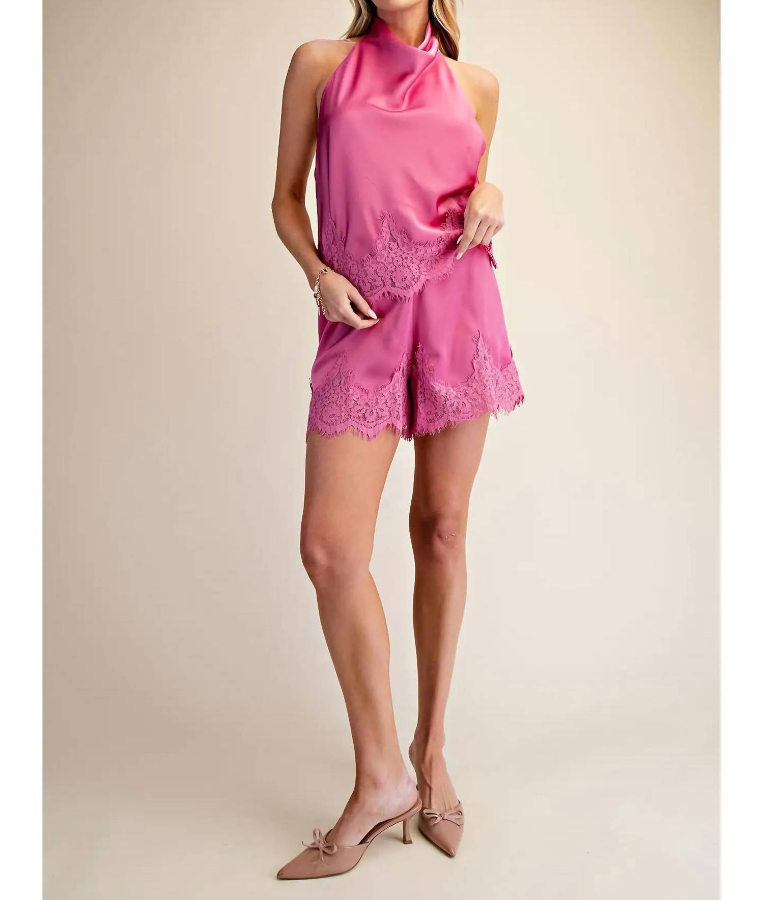 Glam - Satin Short With Lace Trim Detail Short