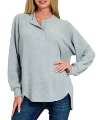 Zenana - Brushed Hacci Oversized Henley Sweater