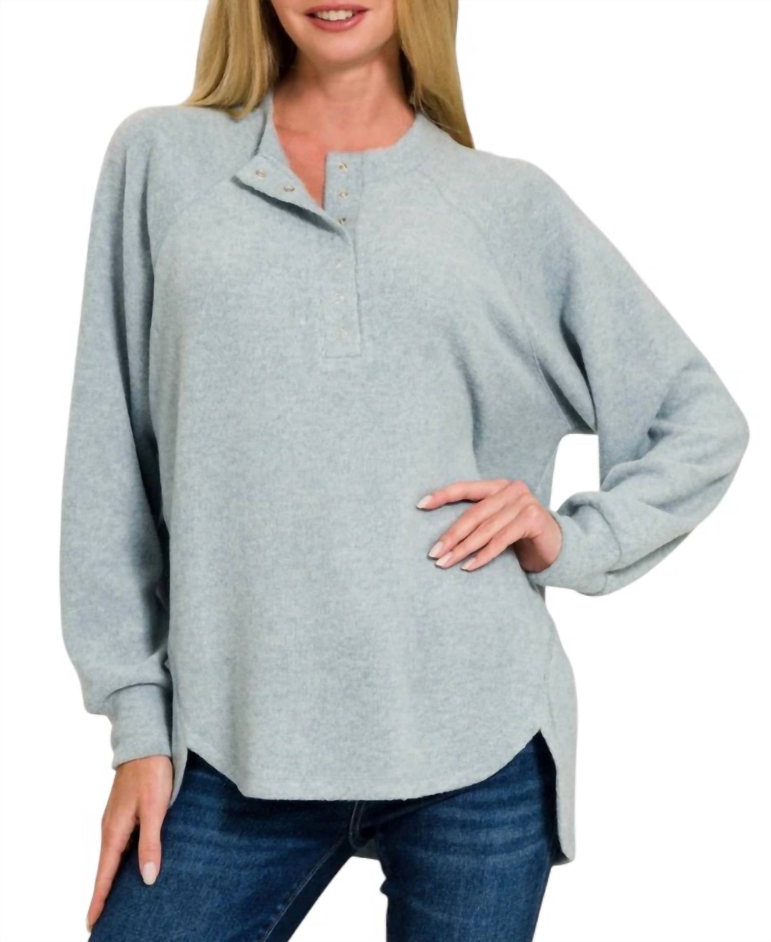 Zenana - Brushed Hacci Oversized Henley Sweater