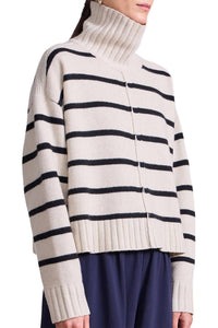 APIECE APART Ari Cropped Turtleneck Top in cream black stripe - women's sweater - detail view