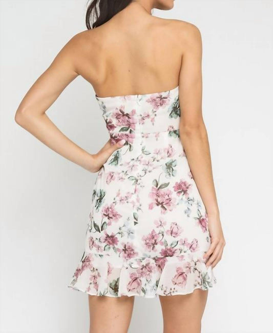 Olivaceous - Restless Beauty Floral Print Strapless Tie-front Mini Dress
