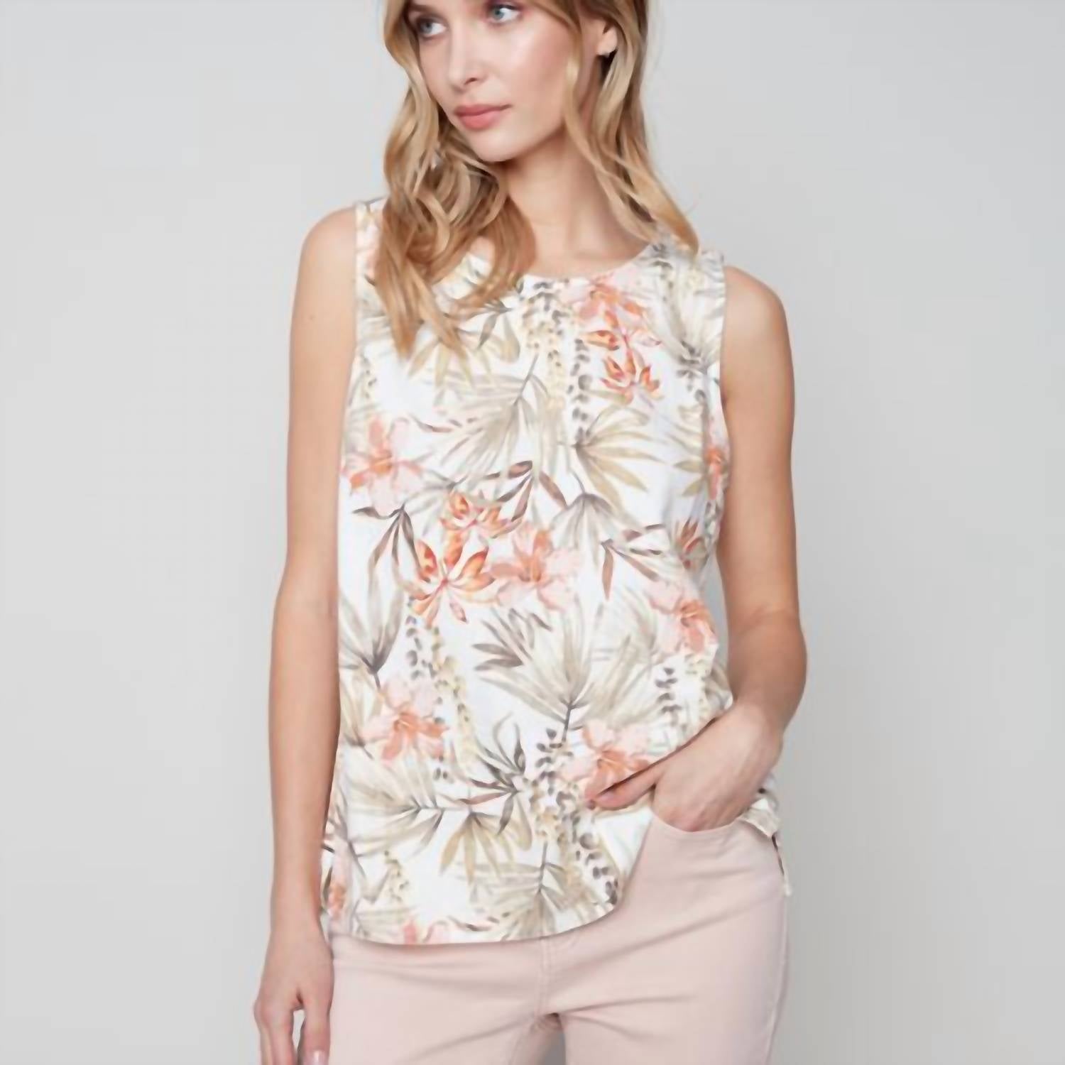Charlie B - Printed Linen Top With Back Button