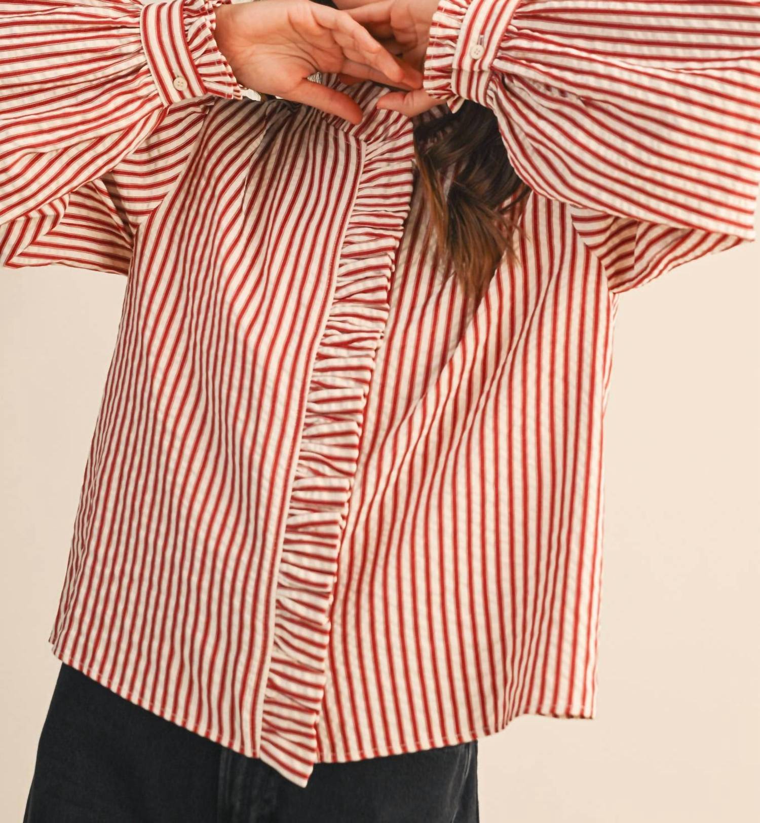 &Merci - Striped Ruffle Button Down Top