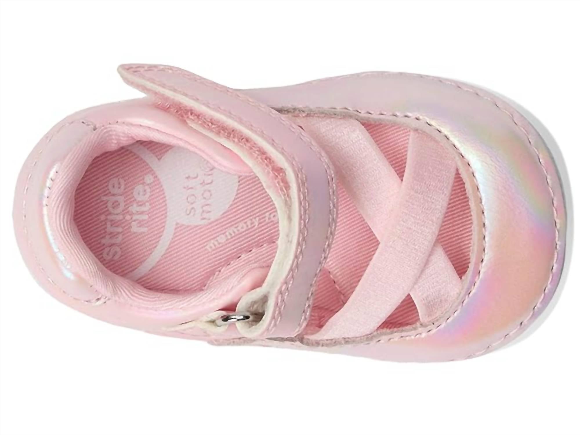 Stride Rite Kid's Soft Motion Theresa Shoe in pink shimmer - kids' shoe - detail view
