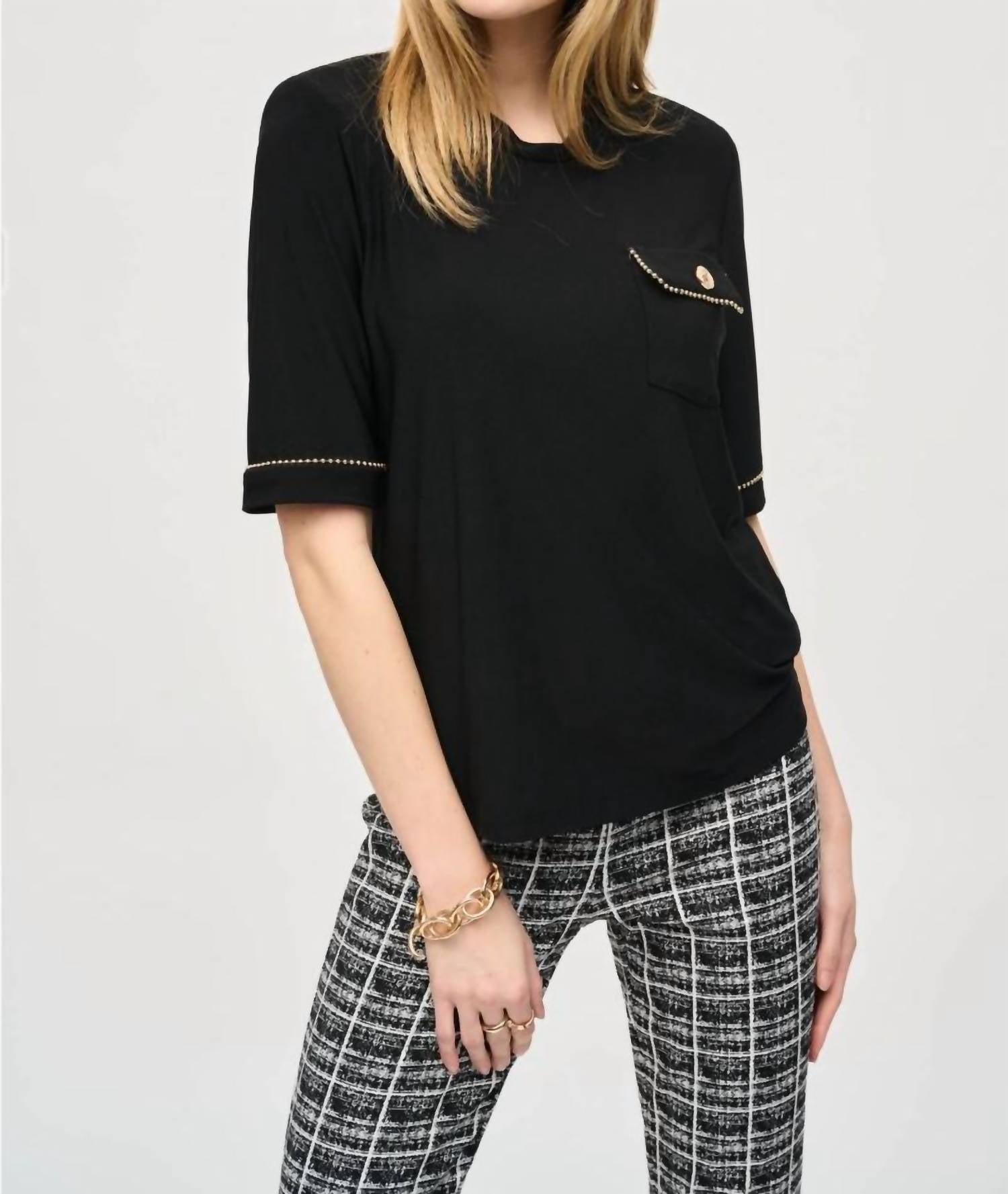 Joseph Ribkoff - Ball Link Chain Trim Short Sleeve Top