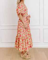 Peach Love - Floral Tiered Scalloped Belt Maxi Dress