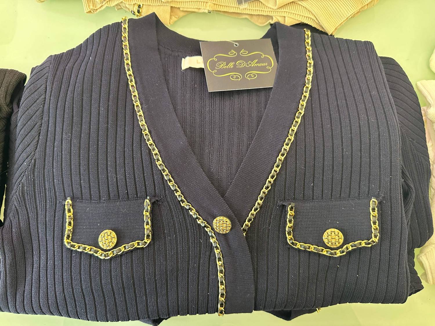 Belle D'Amour - Chain Buttons Ribbed Cardigan