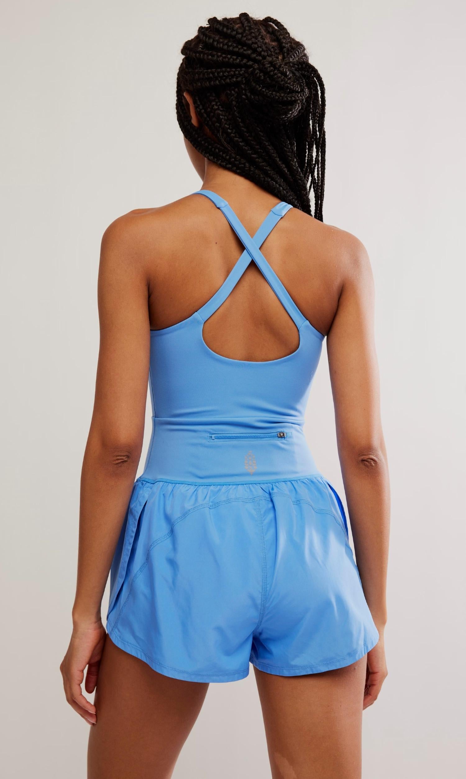 Free People Righteous Strappy Cutout Back Runsie in riveria blue - women's pants - detail view
