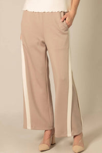 P.CILL Side Contrast Double Stripe Wide Leg Pants in taupe ivory - women's pants - alternate view