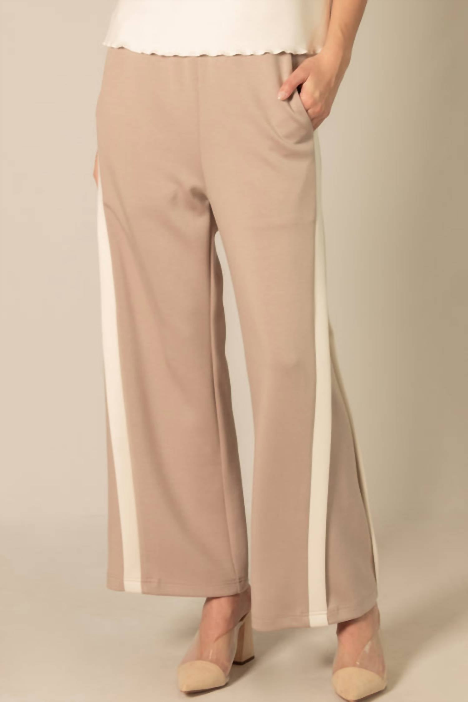 P.CILL Side Contrast Double Stripe Wide Leg Pants in taupe ivory - women's pants - alternate view