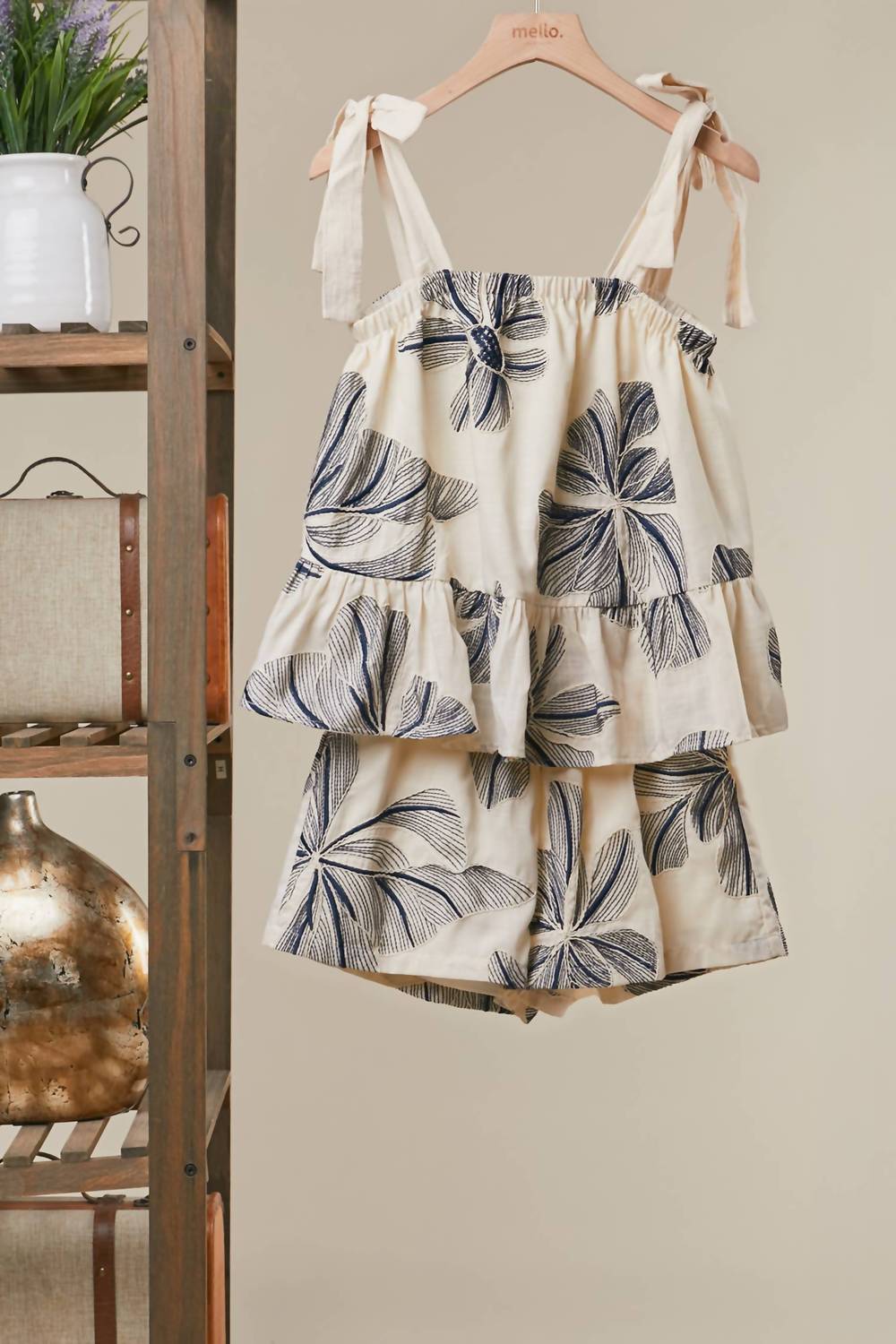 Mello - Women's Floral Print Tie-shoulder Tiered Top