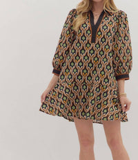 Entro - Geometric Print 3/4 Sleeve Mini Dress