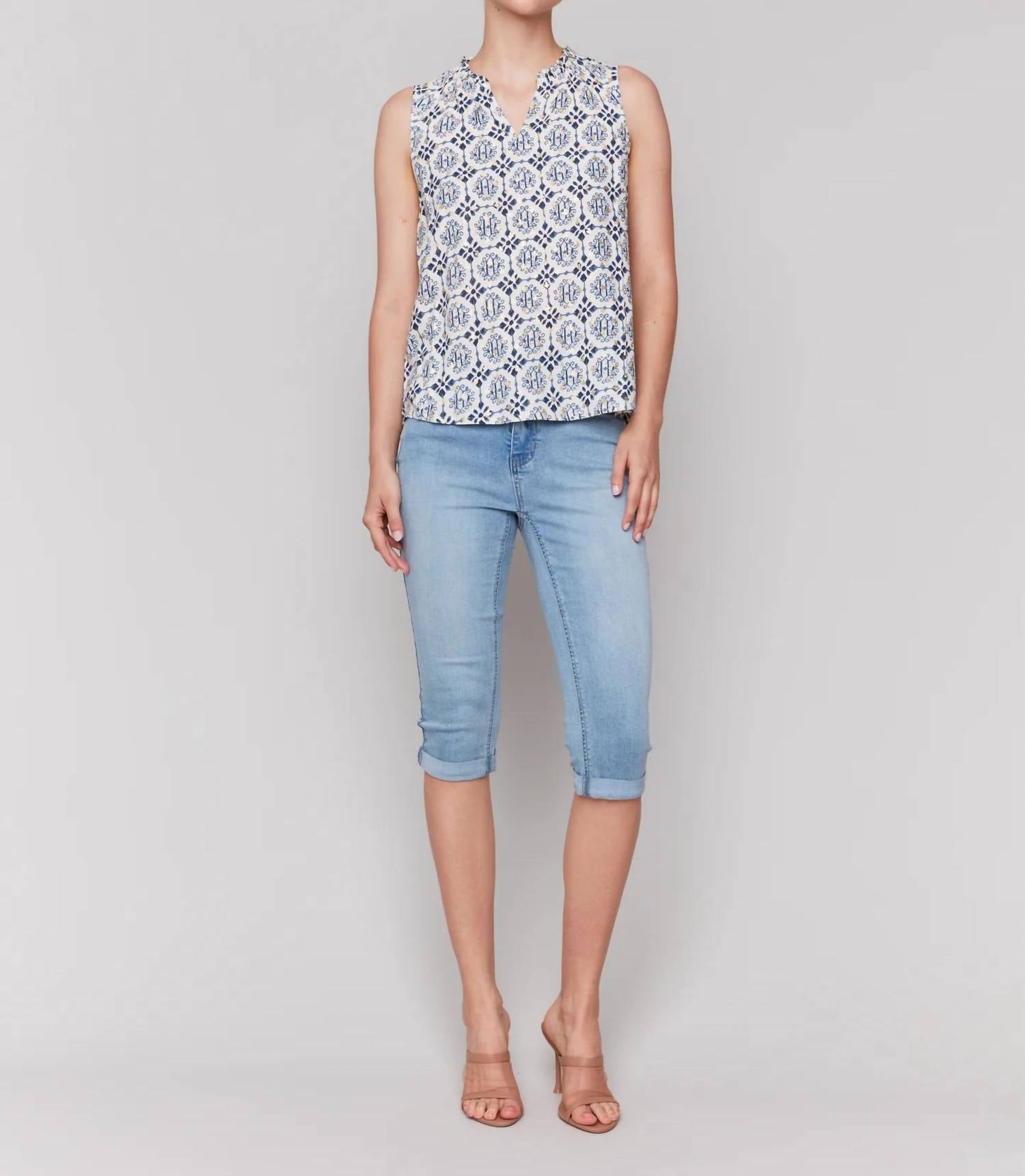 CHARLIE B Printed Sleeveless Blouse With Ruffle Collar in ornament - women's blouse - alternate view