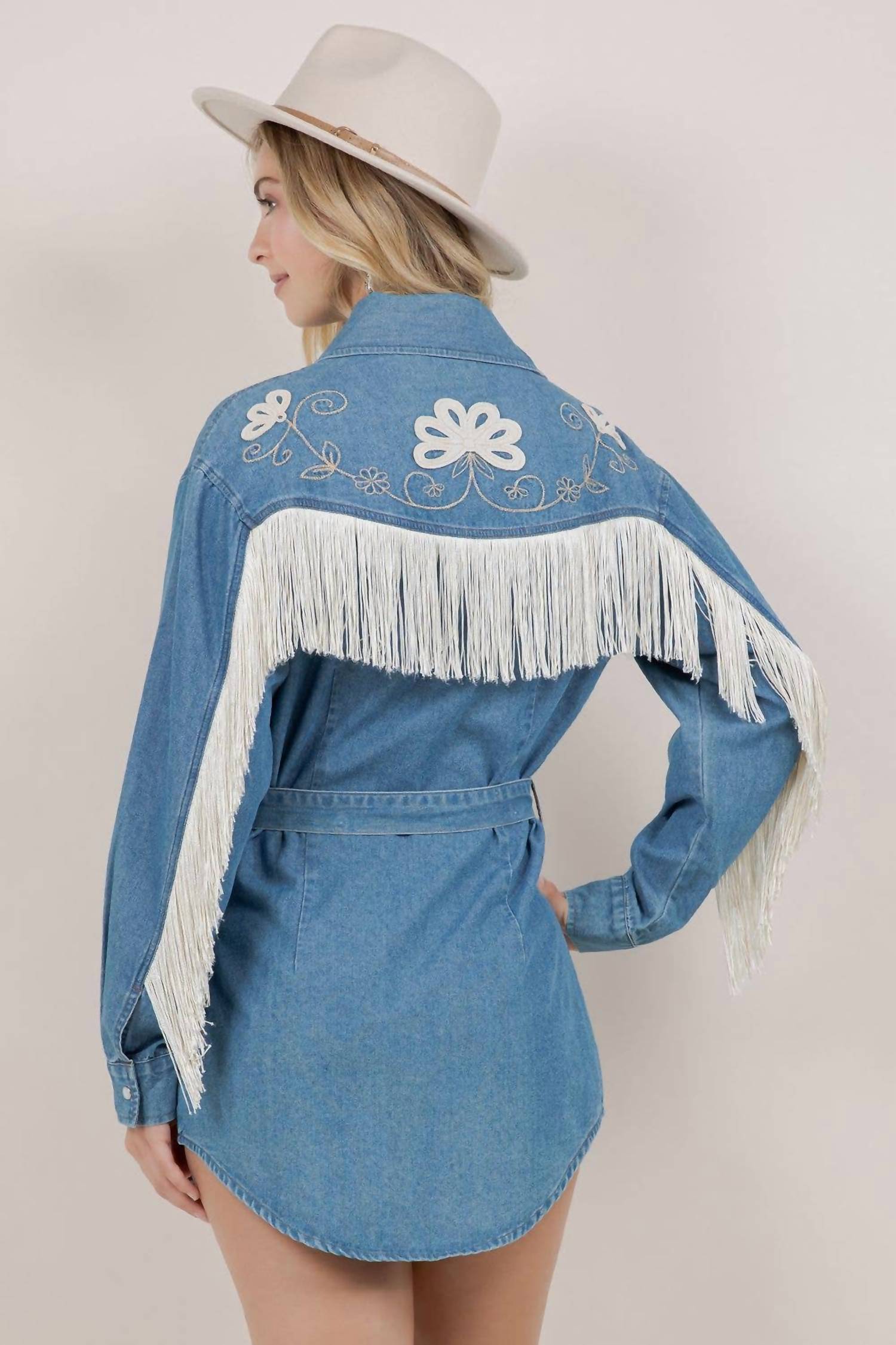 Saints & Hearts - Embroidery Detail Fringe Denim Dress