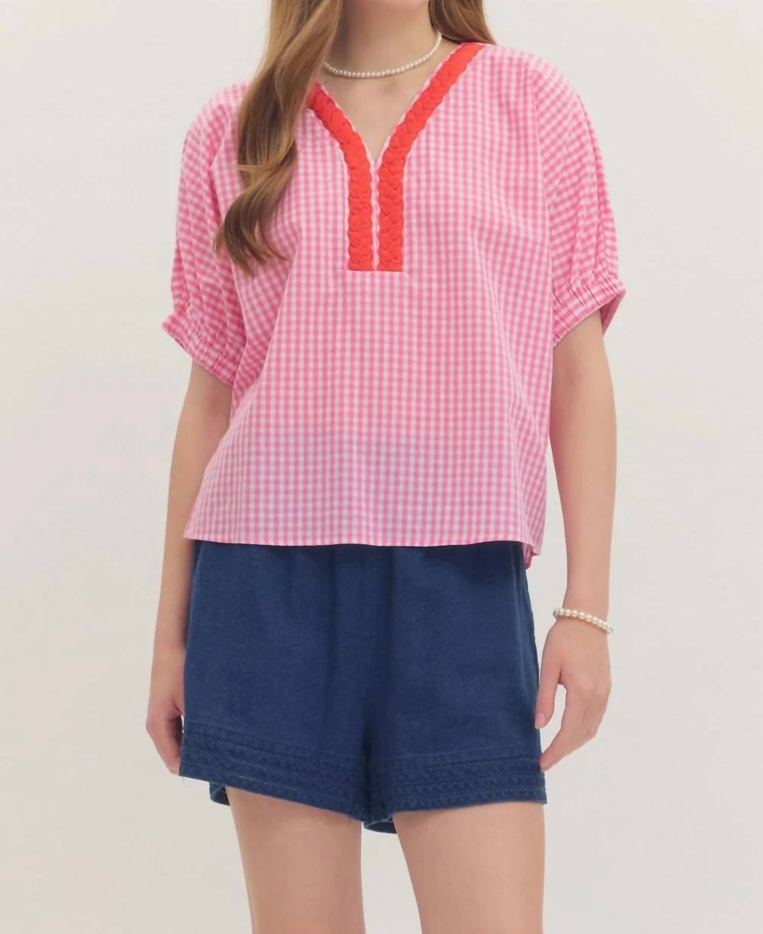 Entro - Gingham Puff Sleeve Top