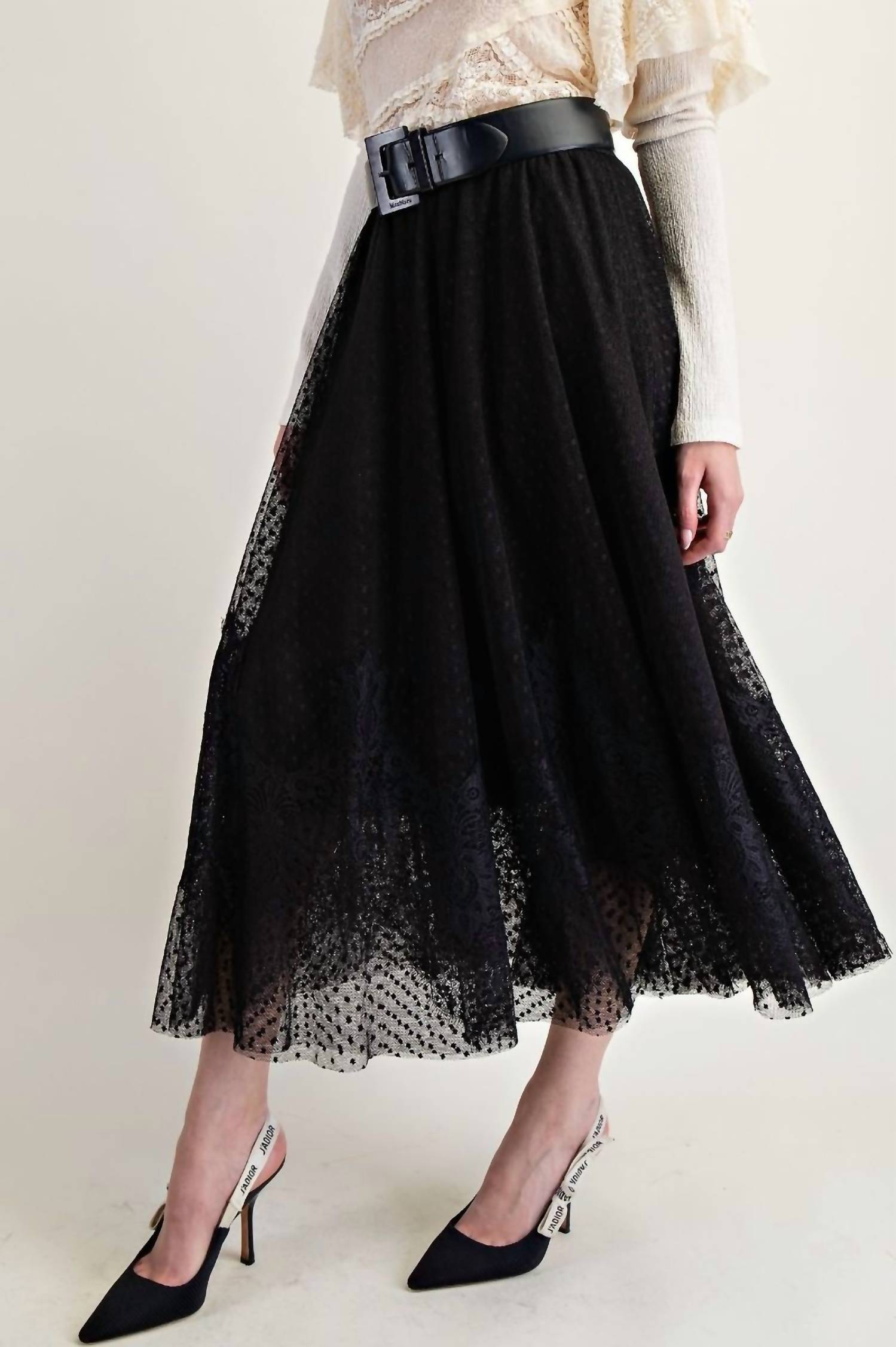 Easel - Dot Mesh Lace Wide Skirt