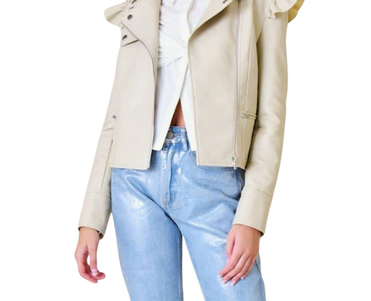 Fore Collection Pleather Ruffle Moto Jacket in beige - women's jacket