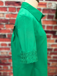 Caryn Lawn Women's Embroidered Sleeve Shirt Dress in emerald green - women's dress - detail view