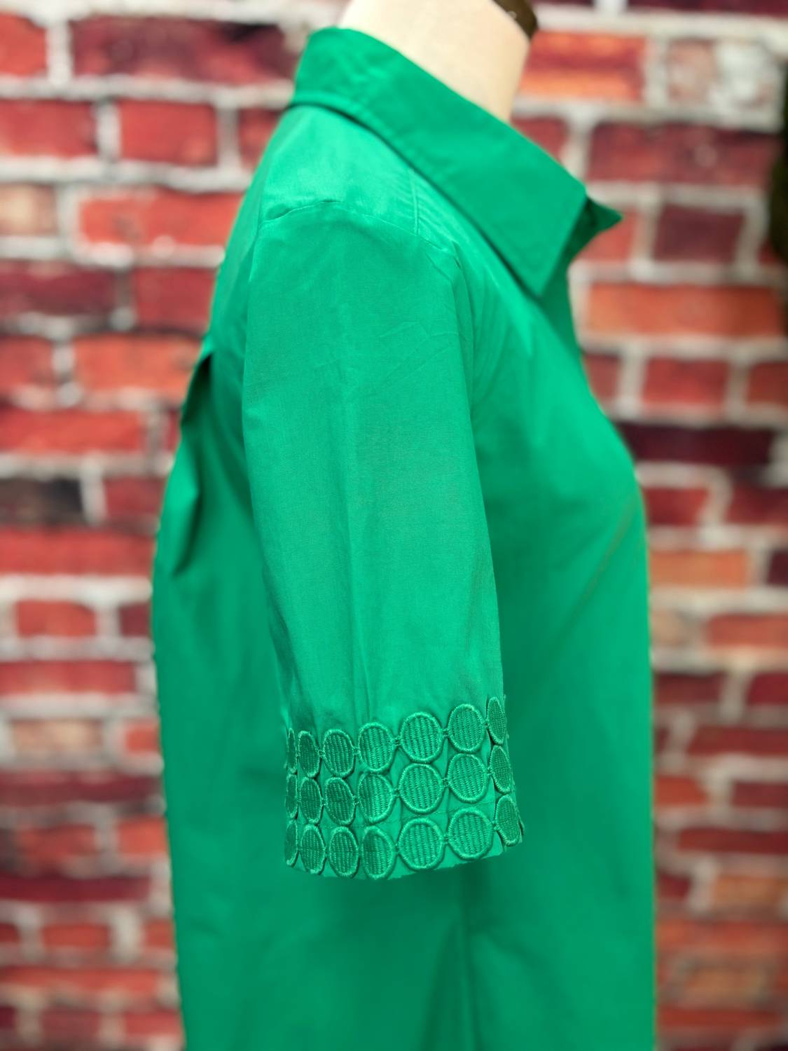 Caryn Lawn Women's Embroidered Sleeve Shirt Dress in emerald green - women's dress - detail view
