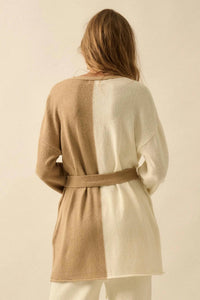 PROMESA Colorblock Belted Cardigan in beige - women's cardigan - alternate view