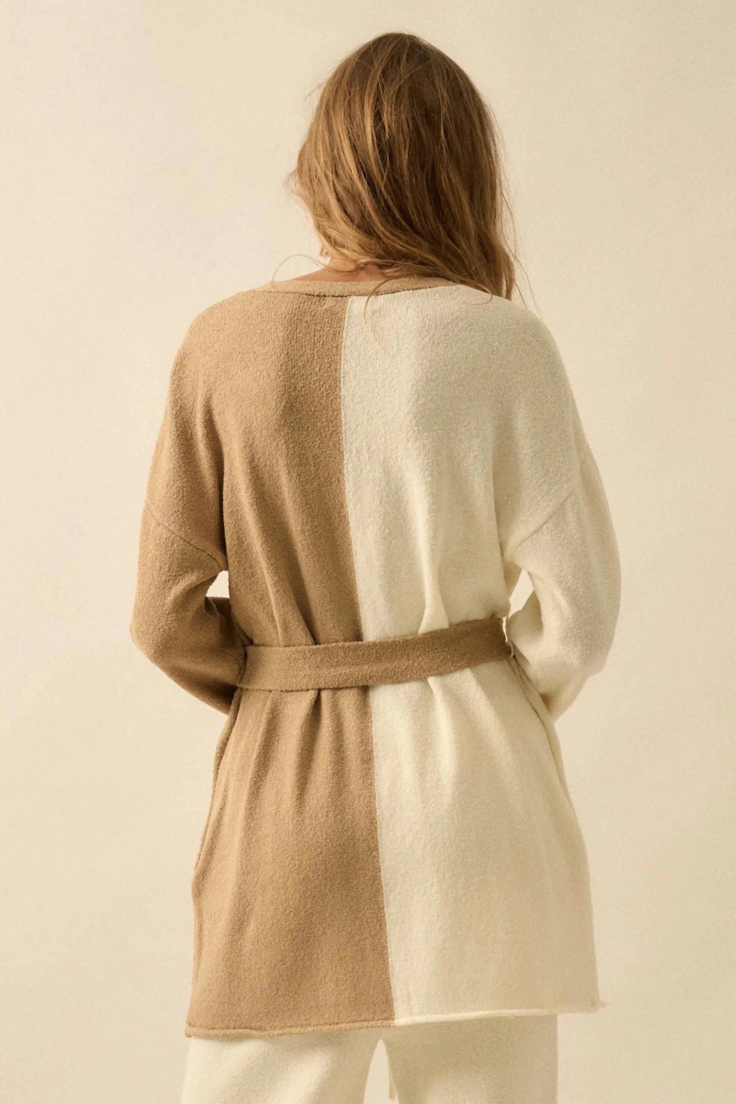 PROMESA Colorblock Belted Cardigan in beige - women's cardigan - alternate view