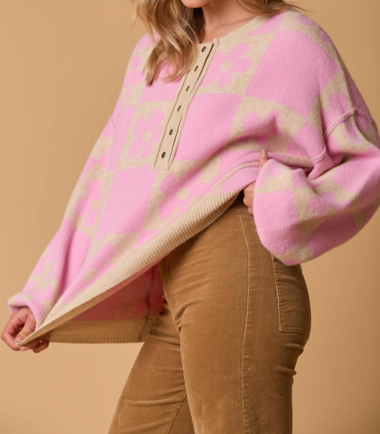 Fantastic Fawn - Flower Long Sleeve Knit Sweater With Front Button