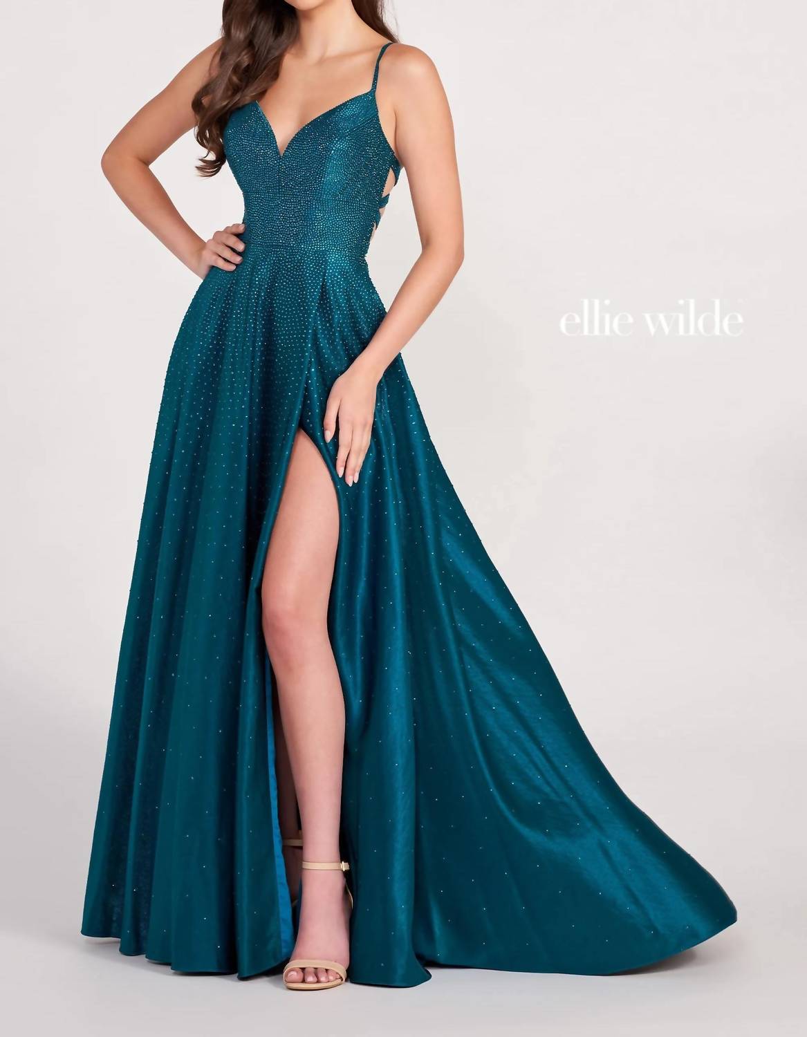 Ellie Wilde Strappy Open Back Crystal Studded Satin Gown in teal - women's dress