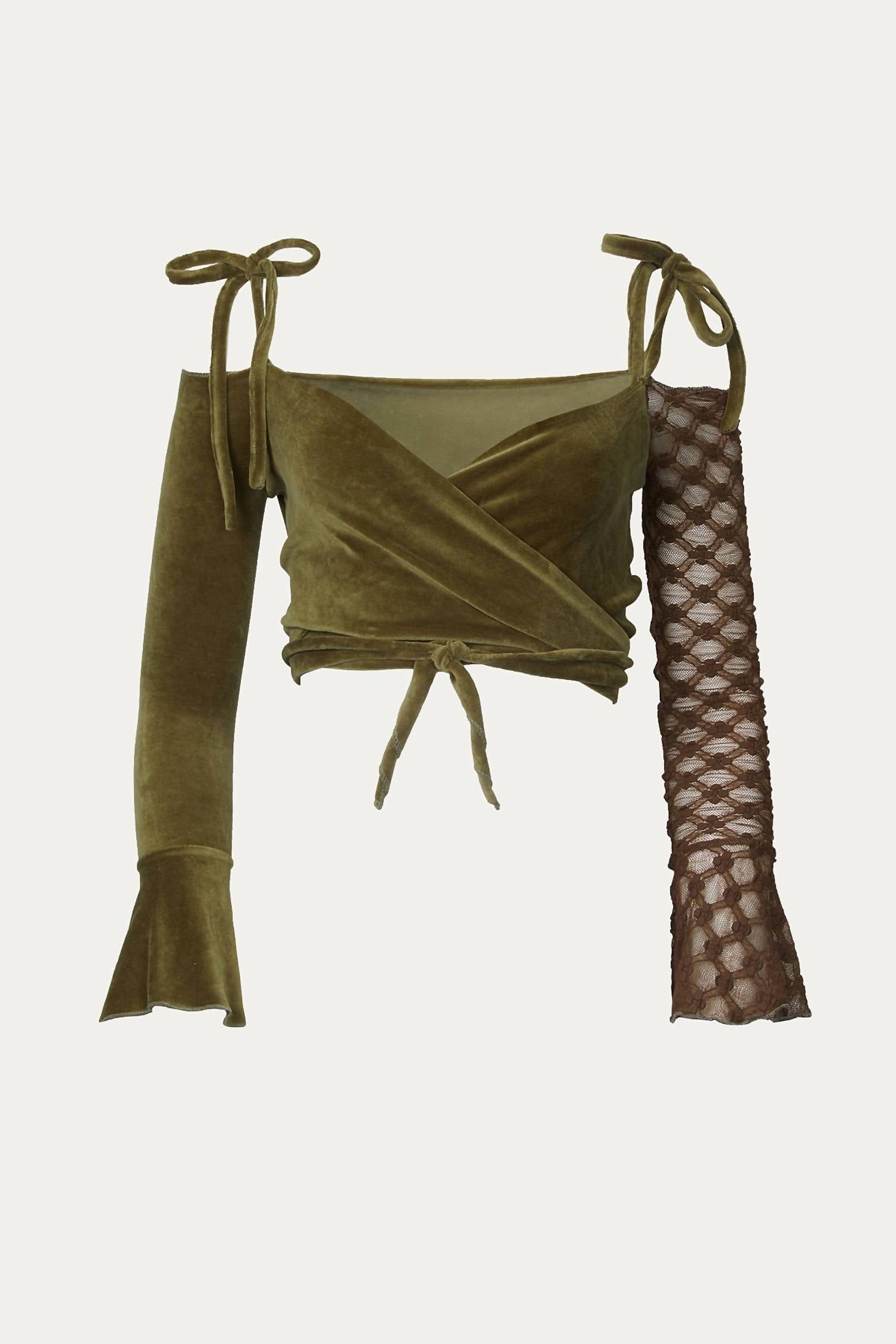 FAIRY VELVET AND MESH WRAP CROPPED TOP