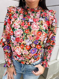 First Love - Floral Print Smocked Tie Back Chiffon Blouse