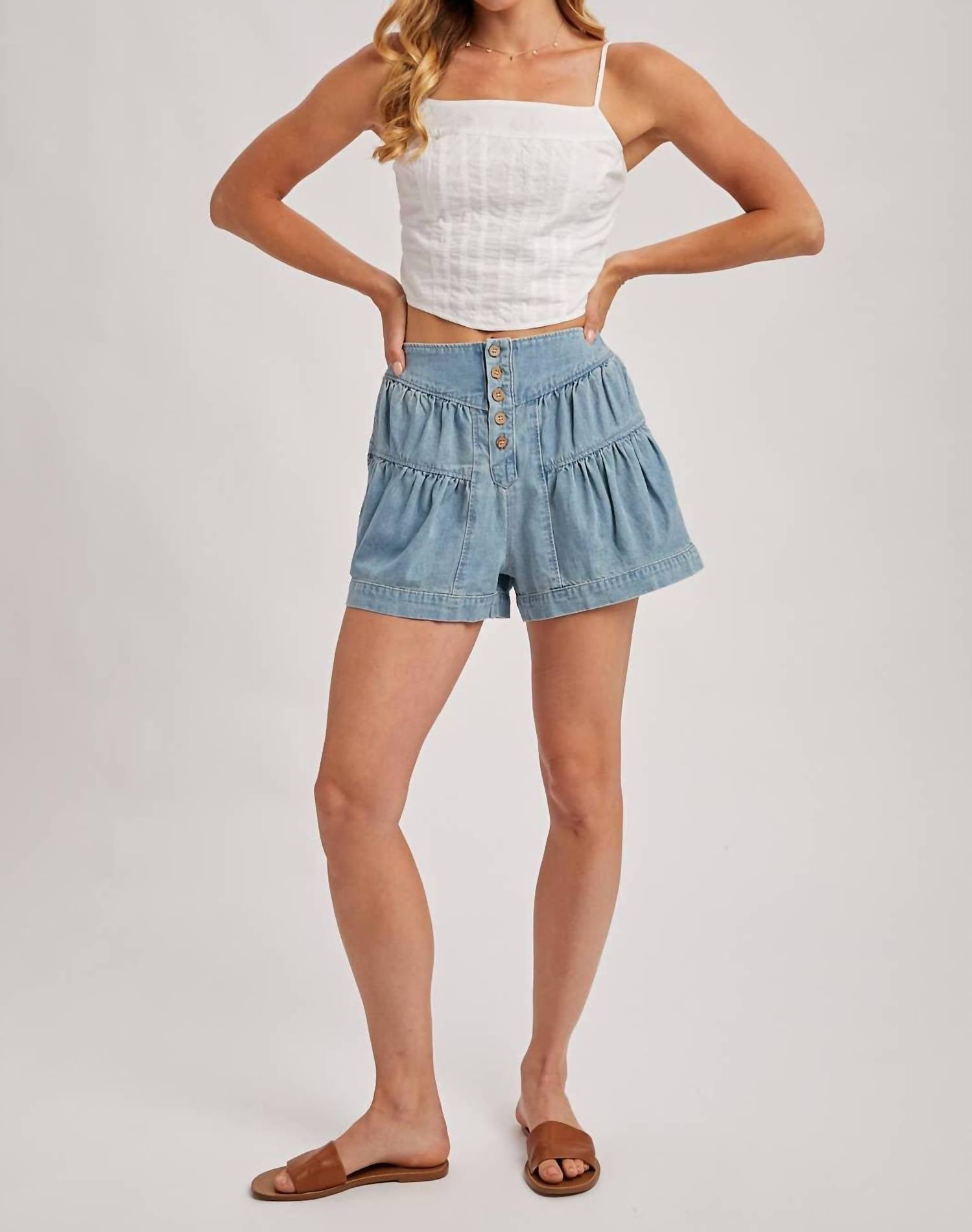 Bluivy - Fluer Pleated Denim Shorts With Pockets