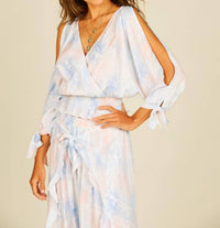 Tie Dye Cold Shoulder Faux Wrap Smocked Top