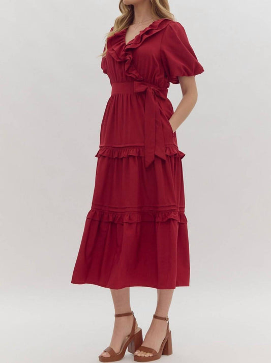 Entro - Faux Wrap Short Puff Sleeve Ruffle Detail Midi Dress
