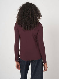 REPEAT cashmere Basic Jewel Neck Long Sleeve Top in merlot - women's long sleeve top - detail view