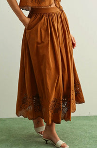 MIOU MUSE Embroidered Long Full Skirt in brown - women's skirt