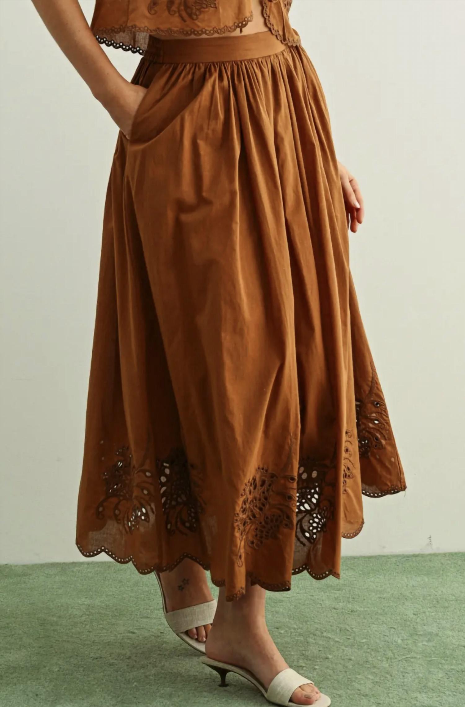 MIOU MUSE Embroidered Long Full Skirt in brown - women's skirt