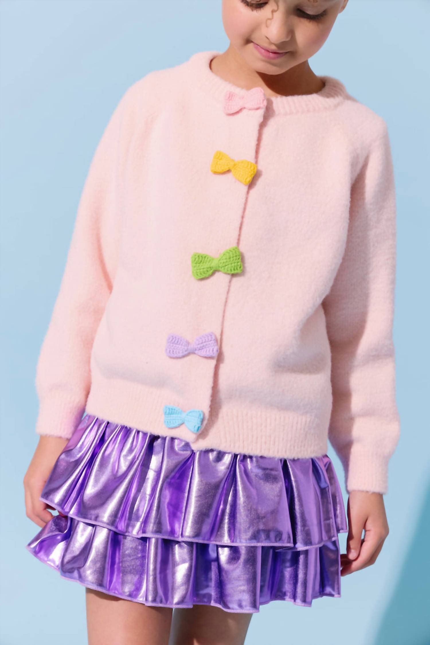 Lola + The Boys Rainbow Button Cardigan in pink 1 - kids' joggers - detail view