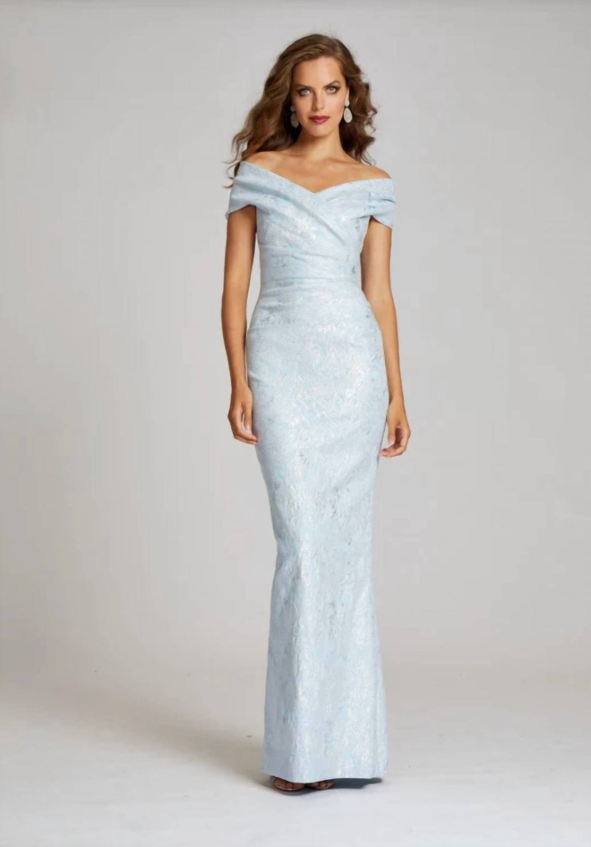 Teri Jon - Off Shoulder Stretch Metallic Jacquard Gown