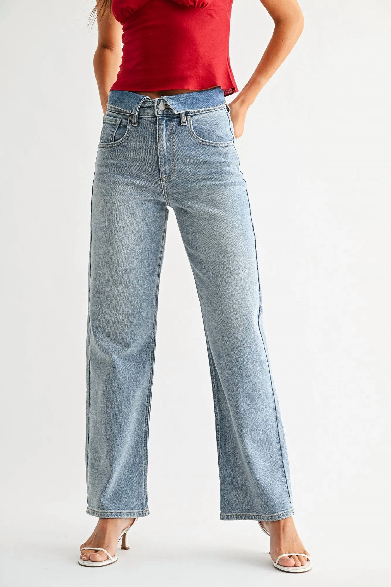 Just Panmaco Inc. - Folded Waist Straight Leg Jeans
