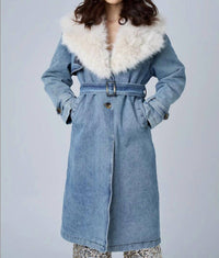 Astrid - Denim Fur Collar Trench Coat