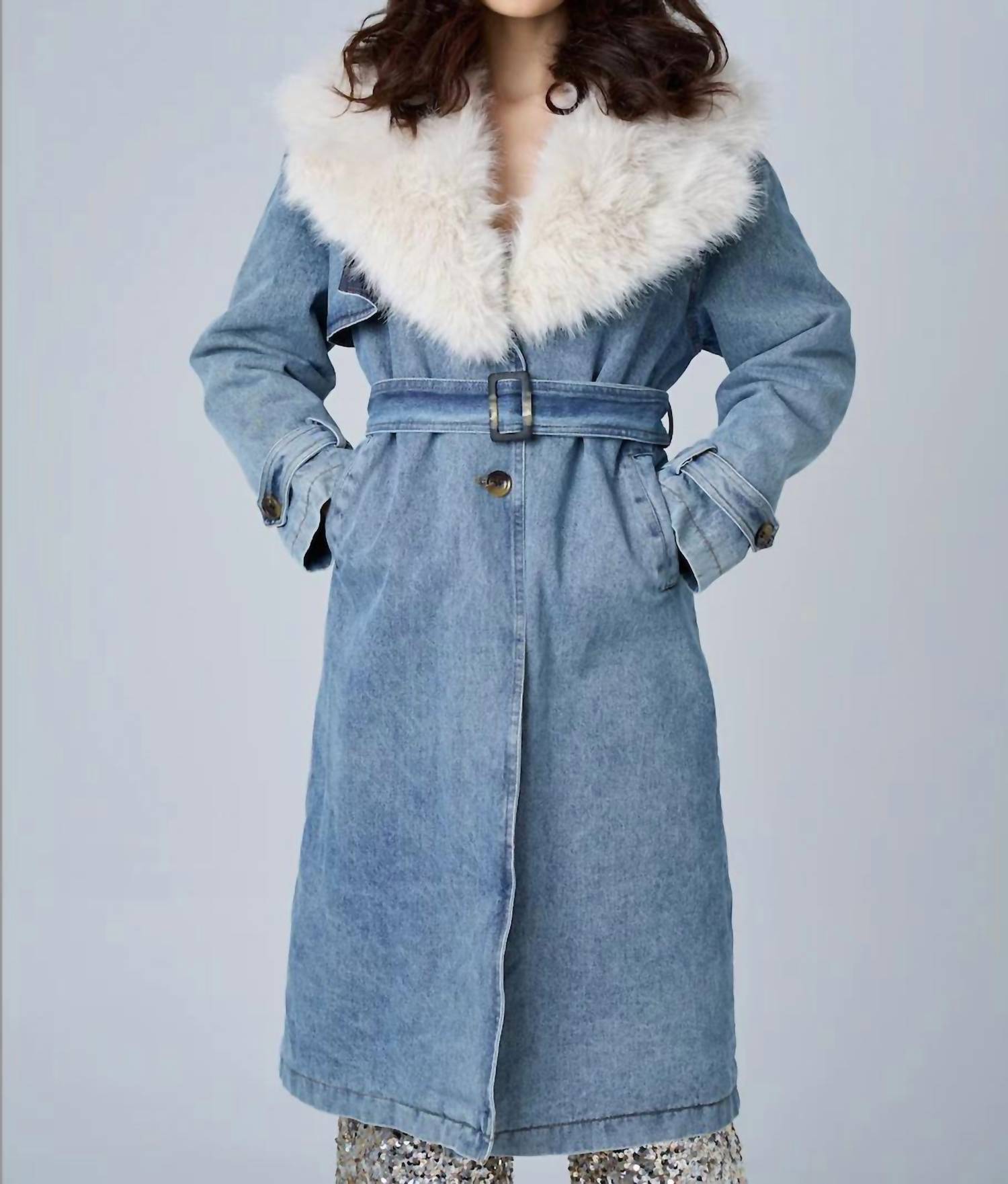 Astrid - Denim Fur Collar Trench Coat