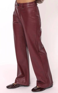 Sadie & Sage Women's Night Vision Faux Leather Pants in burgundy - women's pants - detail view