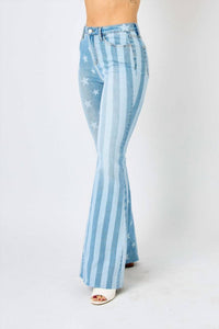 Judy Blue - High Waist Stars & Stripes Bleach Discharge Flare Jeans