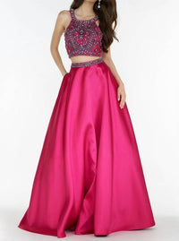 ALYCE PARIS Two Piece Embellished Halter Mikado Gown in fuchsia navy - women's dress