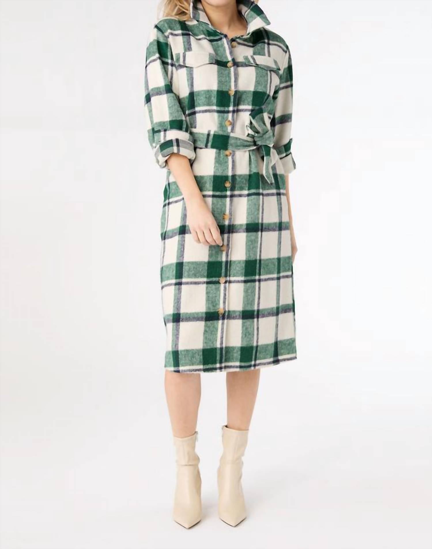 COCO + CARMEN Shelley Plaid Shacket Dress in ivory green - women's jacket