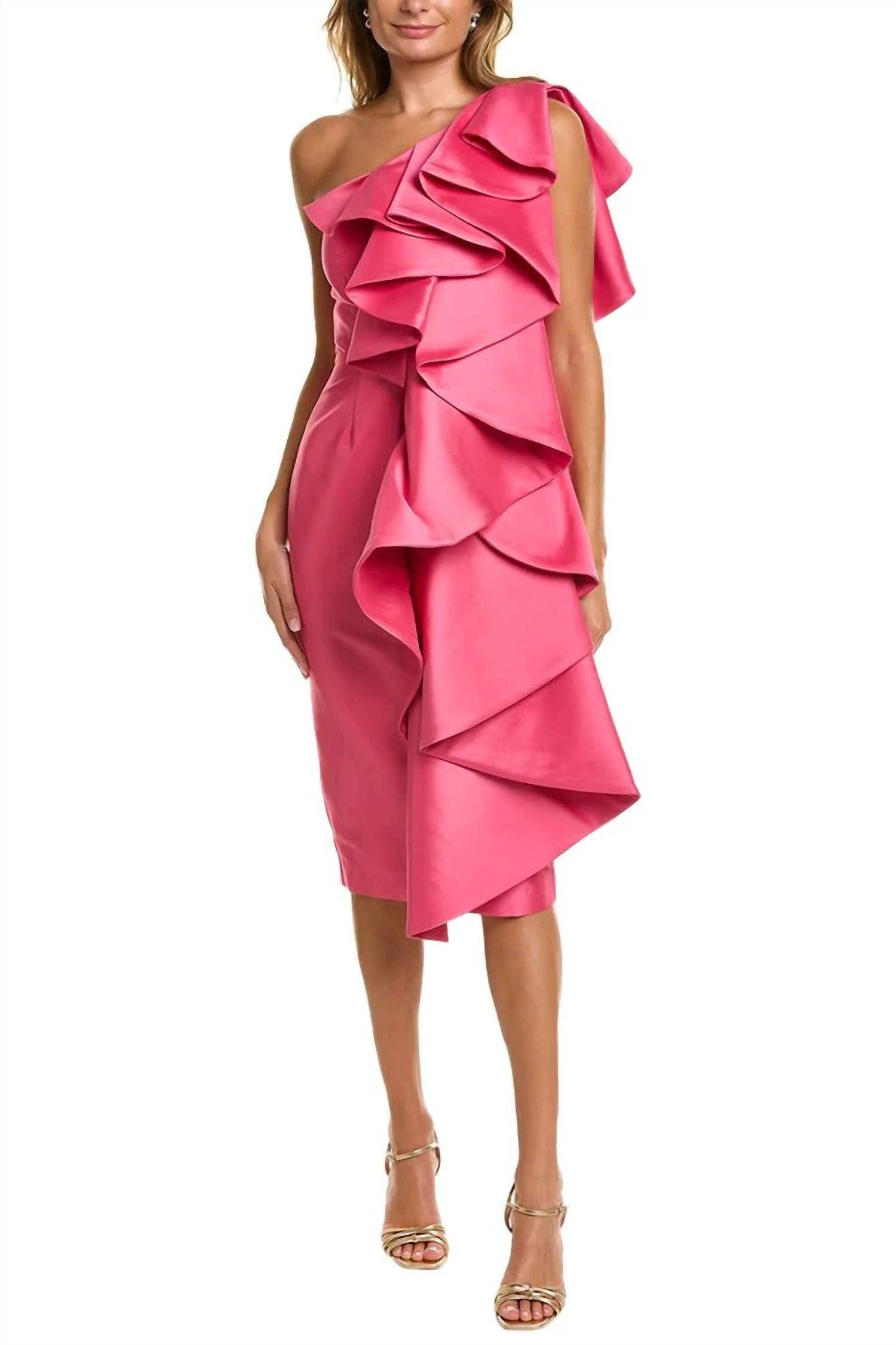 Badgley Mischka - Ruffled One Shoulder Stretch Mikado Dress