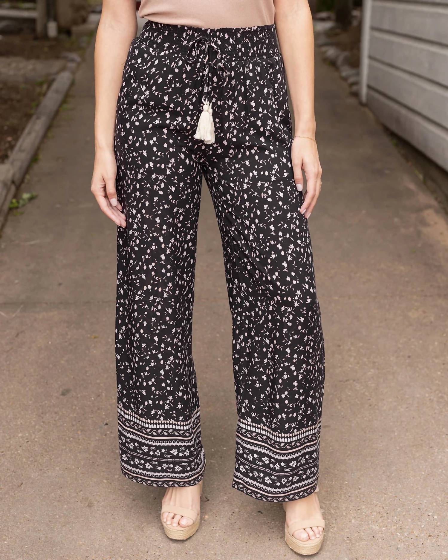 Grace and Lace Wide Leg Floral Pants in black - women's pants - detail view