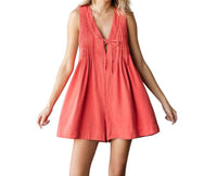Veveret - V-neck Puff Sleeve Denim Short Romper