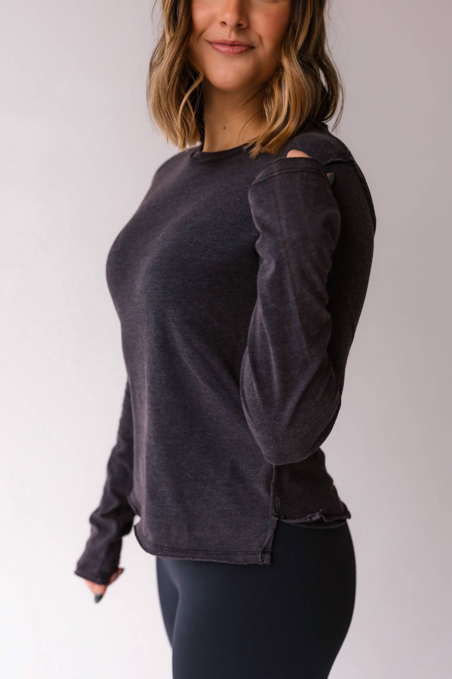 Free People Nova Long Sleeve Tee in black - women's long sleeve top - detail view